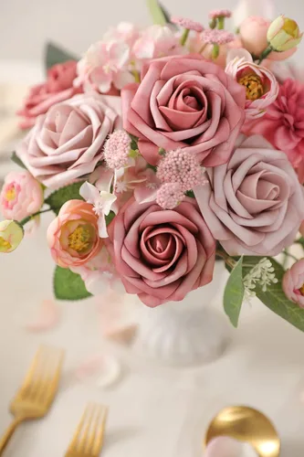 Miniatura 4 de YYHUAWU Flores Artificiales Juego de Caja Combinada Color Degradado Flor Hoja con Tallos para Ramos de Boda DIY Centros de Mesa Baby Shower Fiesta