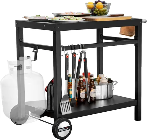 Miniatura 10 de Royal Gourmet Mesa de Carrito de Comedor con Doble Estante, Carrito de Parrilla de Superficie Plana de Acero Inoxidable Móvil, Ganchos, Mango