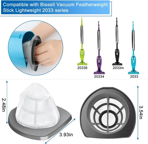 Miniatura 2 de Filtro de vacío para Bissell Featherweight Stick 20331 20333 20333 20334 20336 20339 2033M, 6 filtros de malla y 6 filtros de espuma, repuesto #