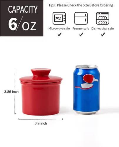 Miniatura 2 de XELA Recipiente de cerámica para mantequilla, plato de mantequilla francesa para mostrador, contenedor de mantequilla con línea de agua para Rojo