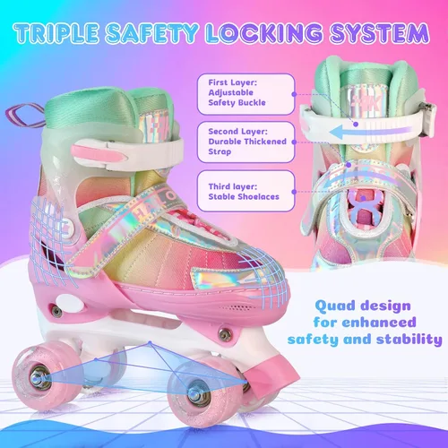 Miniatura 3 de Patines de ruedas para niñas principiantes de 5 a 12 años, patines de cuatro ruedas ajustables color rosa morado arcoíris para jóvenes con todas