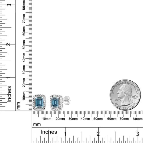 Miniatura 68 de Gem Stone King Aretes de plata de ley 925 con piedra natal Corte esmeralda de 0.315 x 0.236 in Aretes de halo para mujer