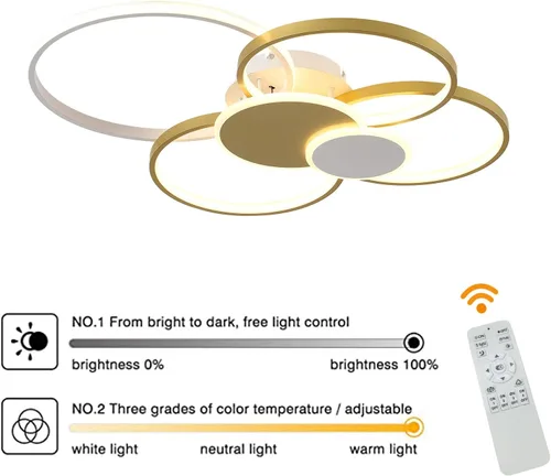 Miniatura 5 de OUKANING Lámpara de techo moderna LED de 65 W, regulable, con control remoto, 6 anillos, lámpara de techo empotrada, lámpara de techo dorada