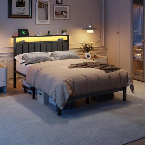 Miniatura 9 de Furnulem - Base de cama tamaño matrimonial con estación de carga y luces LED, plataforma con listones de metal, cabecera tapizada gris con estantes