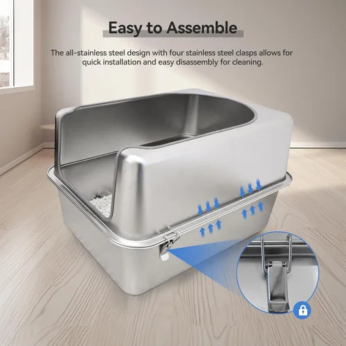 Miniatura 6 de Caja de arena de acero inoxidable con tapa de metal y pala - Caja de arena de metal cerrada para gatos grandes, resistente al óxido, control