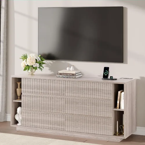 Miniatura 4 de Whalefall Fluted 6 Drawer Dresser with Shelves, 63'' Wide 17.7'' Depth Large Chest of Drawers for Bedroom, Modern TV Stand, Wood Closet Storage