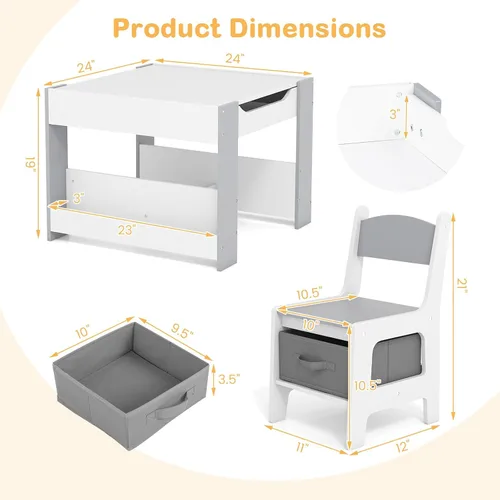 Miniatura 8 de HONEY JOY Mesa y sillas para niños, juego de actividades de madera 4 en 1 para niños con libreros dobles, almacenamiento, tablero desmontable