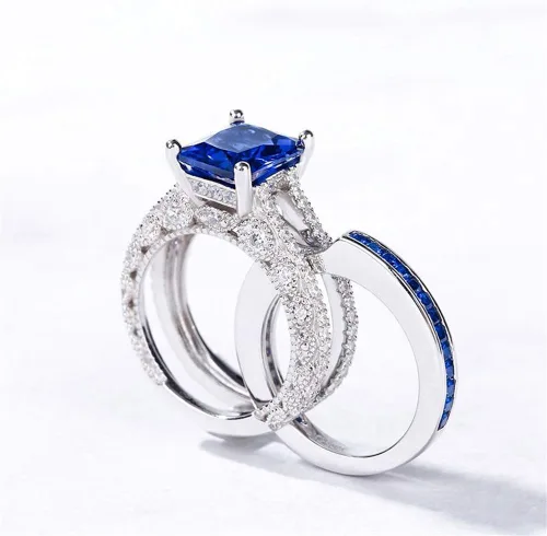 Miniatura 4 de Jeulia Anillo de corte radiante de boda 3 piezas de anillo de compromiso de diamantes CZ Anillos de compromiso de compromiso de compromiso