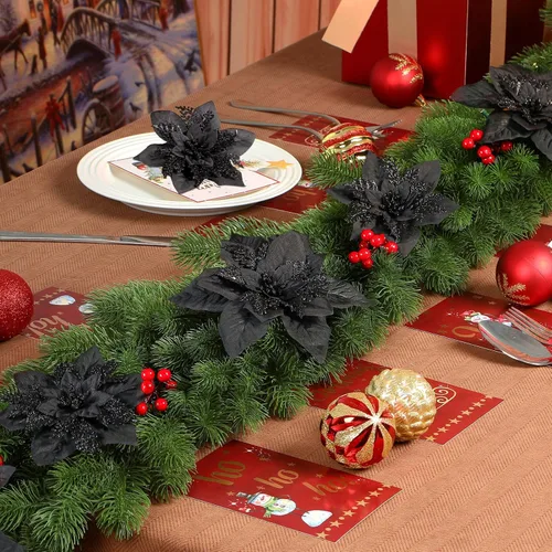 Miniatura 6 de Alupssuc 24 PCS Flores de Pascua Navideñas Negras Artificiales con Purpurina, Decoraciones Navideñas para Árbol, Corona, Chimenea, Flores de Pascua
