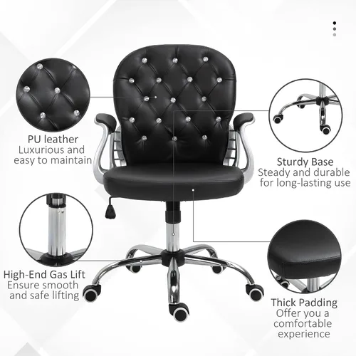 Miniatura 7 de Vinsetto Silla de tocador de maquillaje, silla de piel sintética para computadora con botones, reposabrazos acolchados, altura ajustable y ruedas