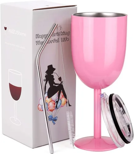 Miniatura 15 de AMZUShome Copas de vino de acero inoxidable (paquete de 2). Vaso de vino de doble pared aislado al vacío con tapa y pajita. Amistad, Navidad, Oro