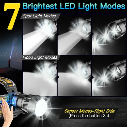 Miniatura 2 de UBEE Linterna frontal recargable, 800 lúmenes, lámpara de cabeza LED súper brillante con 7 modos y linterna frontal recargable impermeable IP68