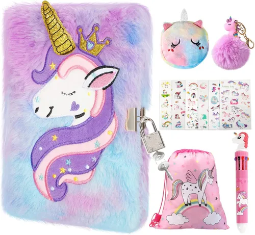 homicozy Diario de unicornio para niños con cerradura y llave, diario difuso de teñido anudado para niñas de 6 años en adelante, cuaderno de tapa
