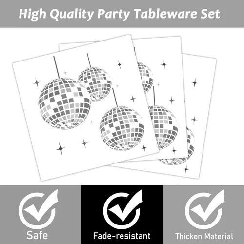 Miniatura 2 de 96 piezas de platos para fiesta de disco, decoración temática de bola de disco, platos de papel plateado para pastel y servilletas, juego de vajilla