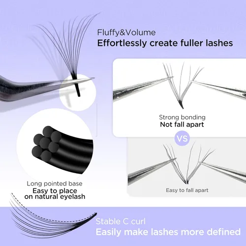 Miniatura 3 de BEYELIAN Extensiones de pestañas prefabricadas con volumen, bandeja mixta para 1000 abanicos de 0.354-0.630 in, 0.003 in, rizado 10D, extensiones