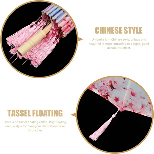 Miniatura 8 de Homoyoyo Sombrilla de tela con patrón de flores, sombrilla de tela de seda japonesa china con bolsa de borlas, kimono Hanfu, suministros de disfraz