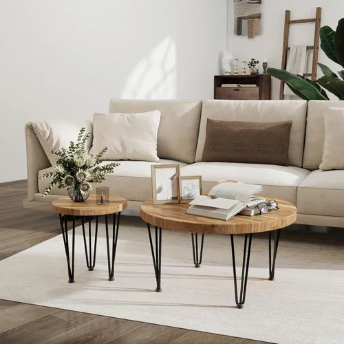 Miniatura 7 de Fun Memories Mesa auxiliar redonda – Mesa anidable de madera de olmo con patas de metal y base antideslizante – Mesas auxiliares rústicas anidables