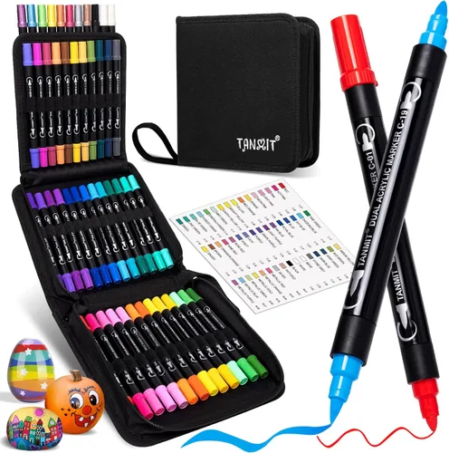 TANMIT Marcadores de pintura acrílica de doble punta de 48 colores, juego de bolígrafos de pintura con punta de pincel y punta fina para tela, roca,
