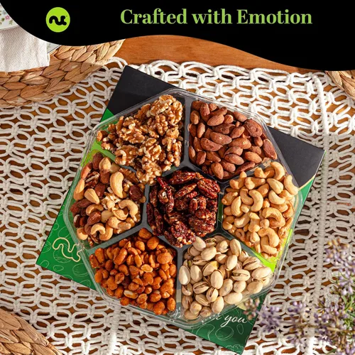 Miniatura 5 de NUT CRAVINGS - Cesta de regalo de frutos secos mixtos en caja de oro verde (7 surtidos, 2 libras) golosinas para adultos, arreglo de alimentos