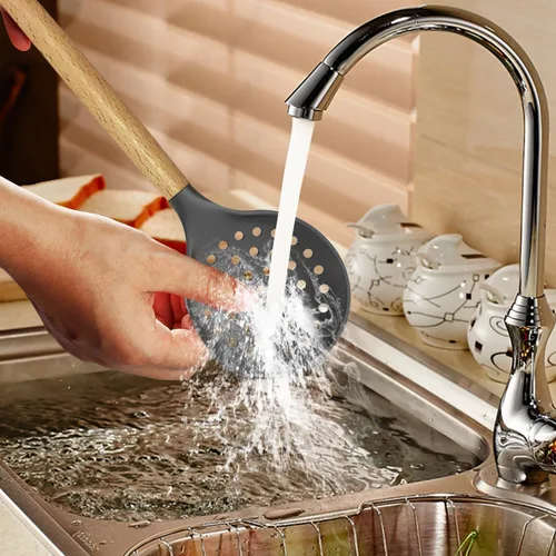 Miniatura 8 de oannao Juego de utensilios de cocina de silicona, resistente al calor, espátula, pinzas giratorias, cuchara, batidor, utensilios de cocina para Gris