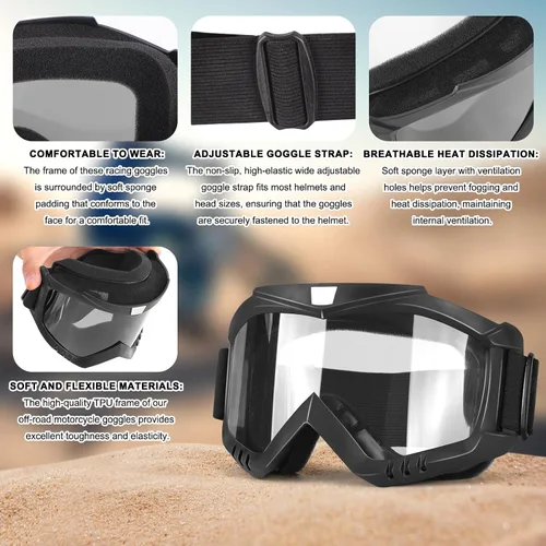 Miniatura 4 de Gafas de moto Dirt & Motocross, paquete de 2 gafas de carreras resistentes al viento para ATV, esquí y snowboard