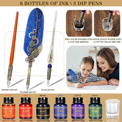 Miniatura 3 de Juego de pluma estilográfica y tinta, con pluma estilográfica, pluma de madera, pluma de vidrio, 6 botellas de tinta, papel de 16 letras, 2 sobres