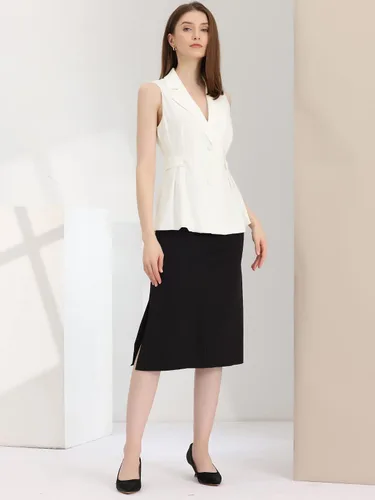 Miniatura 4 de Allegra K Chaleco para mujer, cuello de solapa, espalda cruzada, plisado, sin mangas, chaqueta