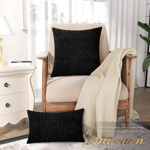 Miniatura 6 de BRAWARM Fundas de almohada 40x40 cm - Paquete de 2 fundas de almohada de chenilla negra, fundas de almohada de chenilla suave teñida sólida