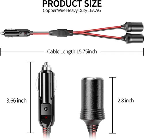 Miniatura 2 de Energeaster Divisor de encendedor de cigarrillos de coche de 16 pulgadas de 1 a 2 con luz LED, enchufe de 12 V 24 V, divisor de 2 vías Y, cable