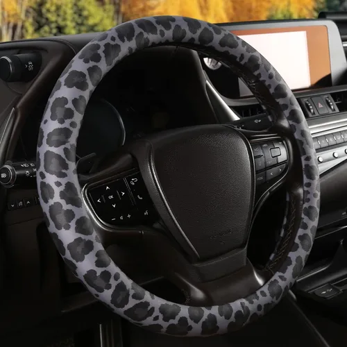 Miniatura 5 de Funda para volante con estampado de leopardo negro y anillo interior de silicona, cuero de silicona no tóxico e inodoro con patrón que no se