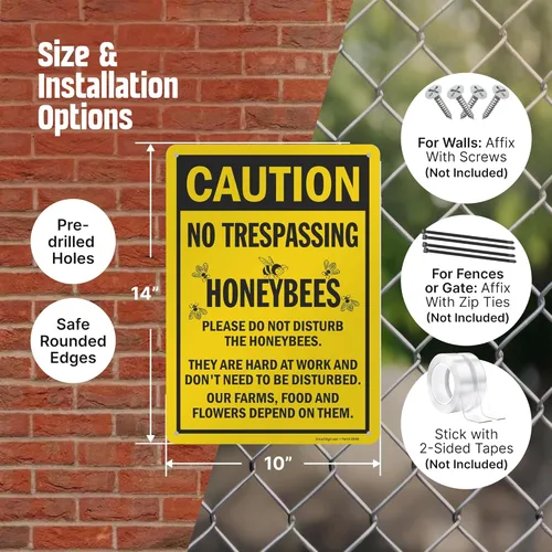 Miniatura 3 de SmartSign Letrero de metal con texto en inglés "Caution - No Trespassing, Honeybees" de 14 x 10 pulgadas, aluminio laminado a prueba de óxido, negro