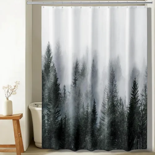 Miniatura 7 de ORTIGIA 36x72 Cortina de ducha de bosque nebuloso para baño pequeño, cortina de ducha estrecha de naturaleza y bosque en blanco y negro con ganchos
