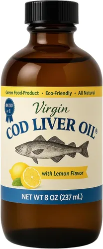 Aceite de hígado de bacalao virgen, 8 onzas líquidas, natural, capturado en la naturaleza y sabor fresco, alto en vitamina D, Omega 3 DHA/EPA (sabor