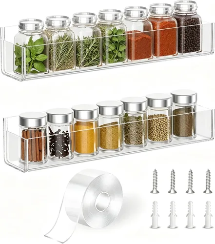 Miniatura 9 de PMMASTO Organizador de especias acrílico adhesivo para pared con cinta nano de doble cara, organización de estante de especias para puerta de Blanco