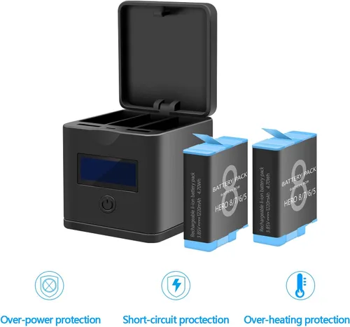 Miniatura 5 de Suptig Paquete de 2 baterías compatibles con GoPro Hero 8, GoPro Hero 7 Black, Hero 6, Hero 5, estación de carga de batería de 3 canales para Hero 8