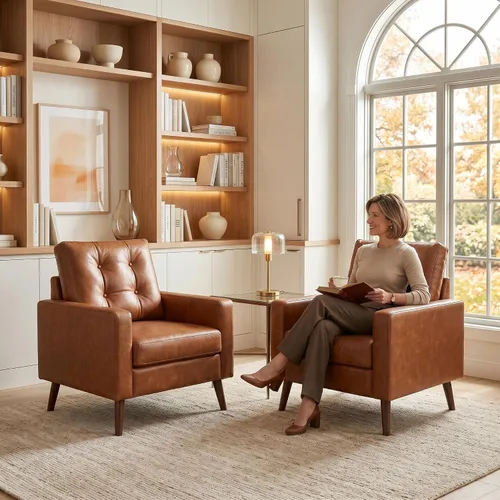 Miniatura 12 de HNY Sillón moderno de mediados de siglo, silla decorativa de piel sintética con botones y reposabrazos, silla tapizada para sala de estar
