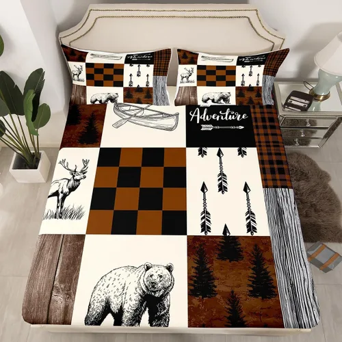 Miniatura 17 de Juego de sábanas bajeras de cabaña rústica, tamaño Queen, bosque, lobo, ciervo, oso, para niños y adultos, sábanas a cuadros de búfalo rojo y negro