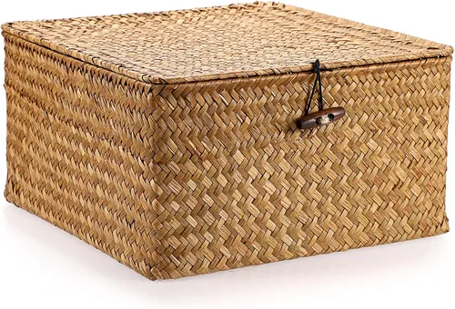 Miniatura 14 de Hipiwe Cestas de Mimbre para Estantes Contenedores con Tapa Cesta de Almacenamiento de Hierba Marina Tejida a Mano Organizador Multiusos Doméstico