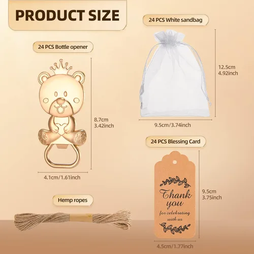 Miniatura 3 de 24 regalos de baby shower para invitados, abrebiberones, regalos de devolución de fiestas o recuerdos con etiquetas de regalo y bolsas blancas