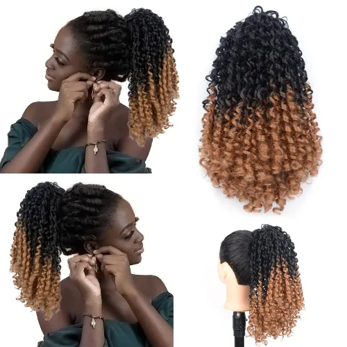 Yinmei Baibian Extensiones de cabello rizado con cordón para cola de caballo de 12 pulgadas, corto, color marrón degradado, ondulado, con 2 clips en