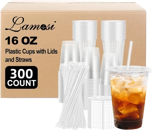 Miniatura 9 de Lamosi Paquete de 100 vasos de plástico transparente de 12 onzas con tapas y pajitas, tazas desechables para café helado con tapas para bebidas