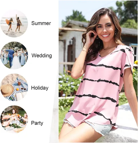 Miniatura 4 de HOTGIFT - Blusas de verano con volantes de gasa de manga corta para mujeres, camisetas sueltas y cómodas
