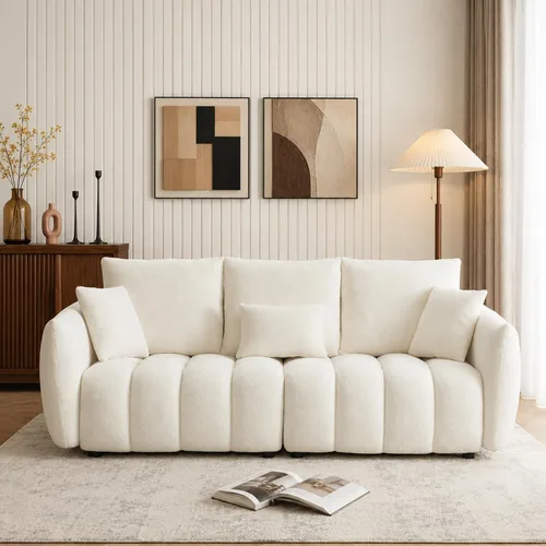Miniatura 9 de Boucle Living Room Chairs, Modern Comfy Reading Armchair with Lumbar Pillow for Bedroom, Apartment, Office, 450 LBS Capacity, Beige