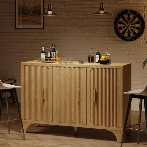 Miniatura 7 de Gabinete de buffet acanalado moderno de mediados de siglo con almacenamiento, aparador decorativo y armario de almacenamiento de credenza con Roble