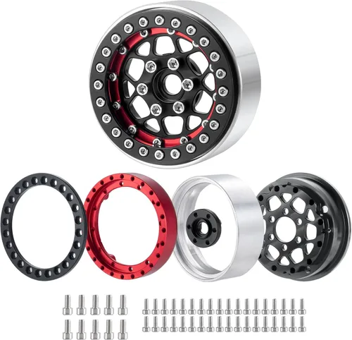 Miniatura 3 de Llantas Beadlock de 1.9 pulgadas, 4 unidades, juego de llantas de metal para 1/10 Axial Scx10 TRX-4 D90 CC01 90034 RC Crawler Car (negro y rojo)