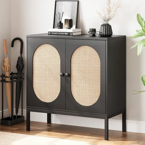 IDEALHOUSE Gabinete de buffet, armario de almacenamiento de ratán con puertas y estantes, aparador de armario, armario de consola de madera con