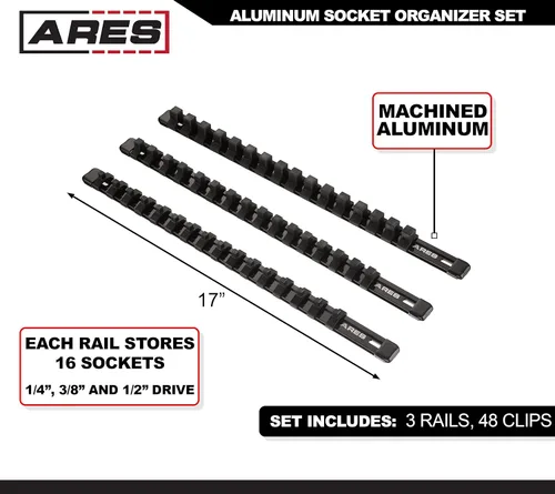 Miniatura 2 de ARES 70087-Organizador de enchufes de aluminio de 3 piezas, rieles de transmisión de 1/4 pulgadas, 3/8 pulgadas y 1/2 pulgadas con capacidad para 48