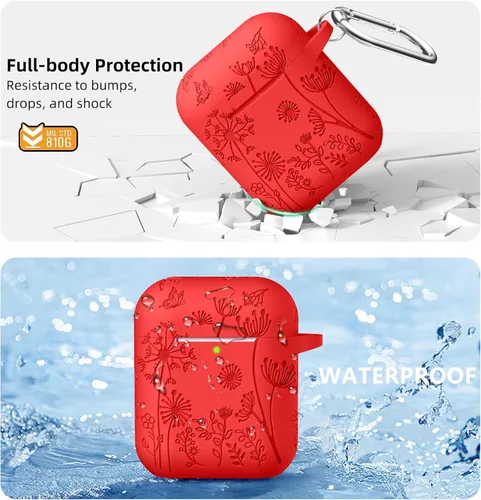 Miniatura 3 de Lerobo - Funda con grabado de flores para carcasa de AirPod, protector de silicona suave y elegante con llavero compatible con carcasa de carga