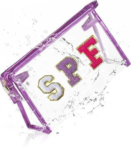 Miniatura 9 de COSHAYSOO Bolsa de Maquillaje Transparente con Protección Solar, Bolsa de Protector Solar con Parches de Letras, Accesorios Esenciales de Playa