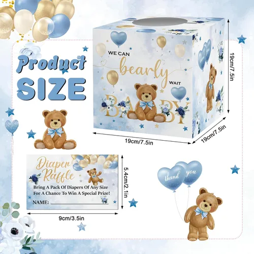 Miniatura 4 de skuhyyg 50 boletos para rifas de pañales con caja de juego para baby shower, oso azul, oso rosa, letrero de sorteo de pañales, con texto en inglés